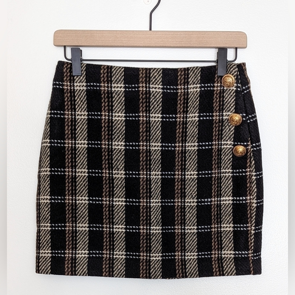 Juliana's Plaid Black Tan Camel Preppy Mini Skirt Gold Button Size Small